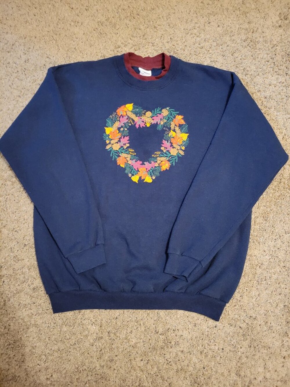 90s Artisans Navy Double Crewneck Heart Shaped Leaf Autumn Grandma Sweatshirt